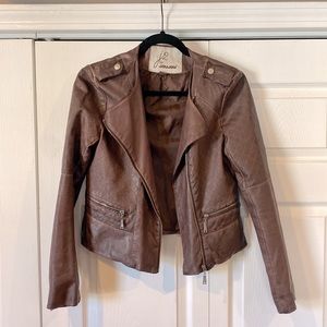 Faux leather brown bomber moto jacket, size S
